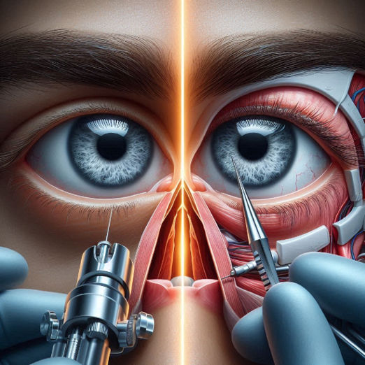A split image showing a patient undergoing LASIK surgery on one side and ICL insertion on the other.